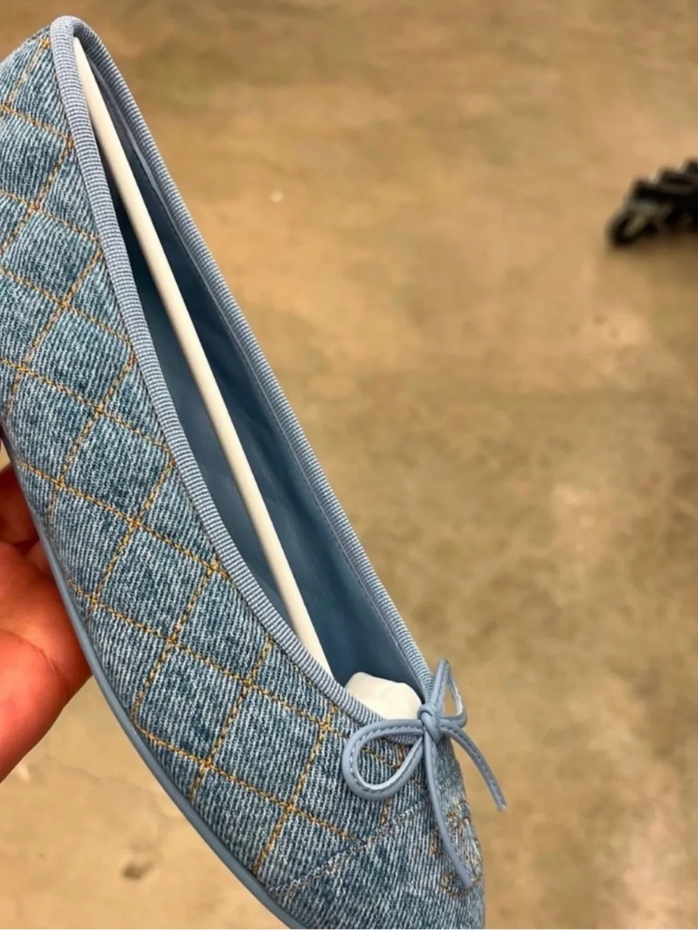 CHANEL Light Blue Quilted Denim Ballet Flat with Gold Logo